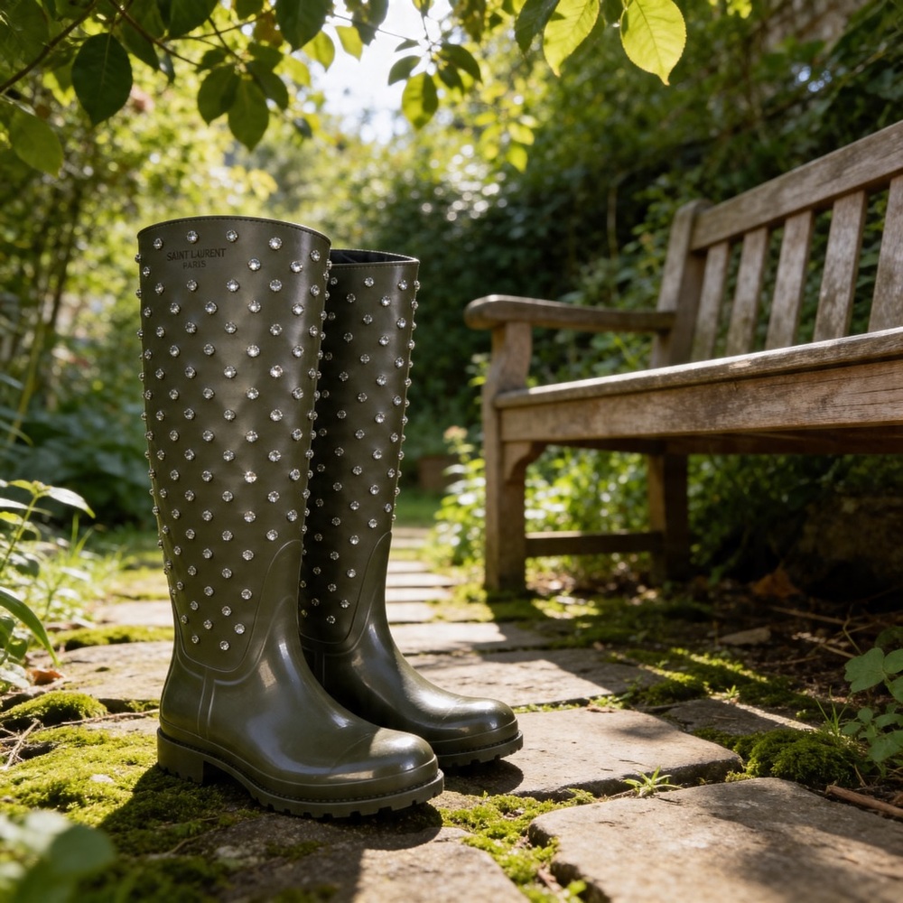 SAINT LAURENT Olive Rubber  Crystal Rain Boots EUR 37 US 7